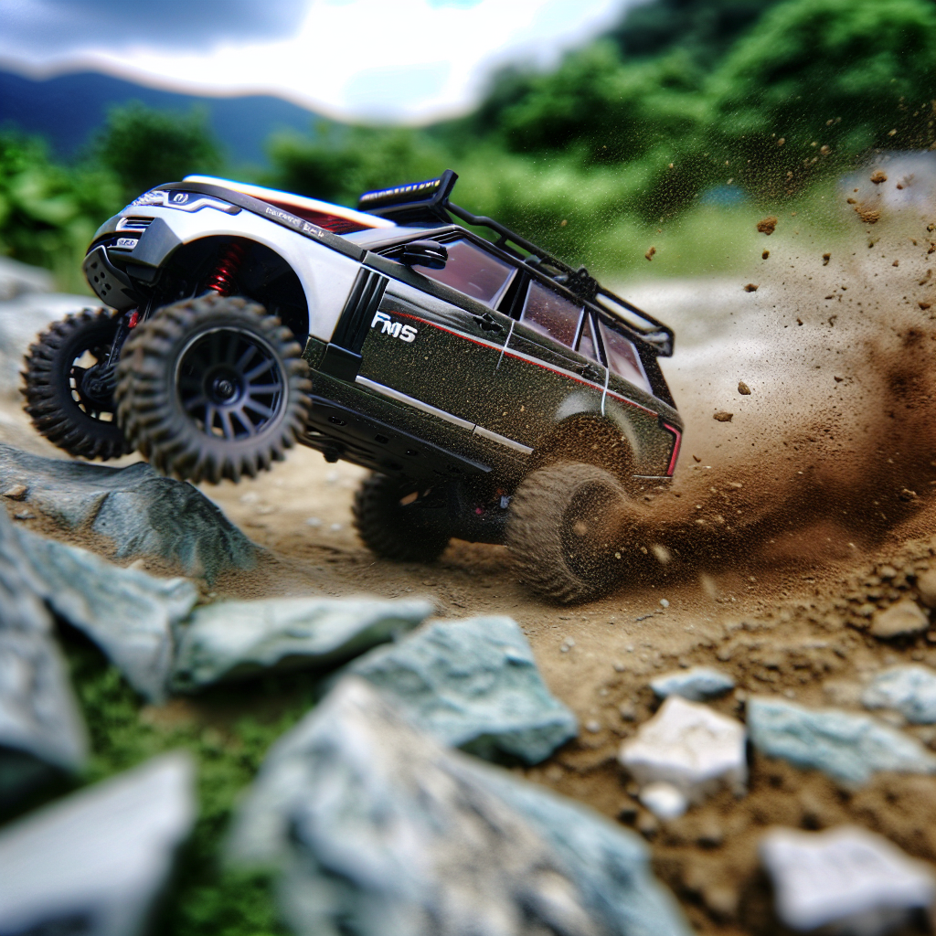 FMS 1:10 FCX10 Range Rover in action on a rugged trail