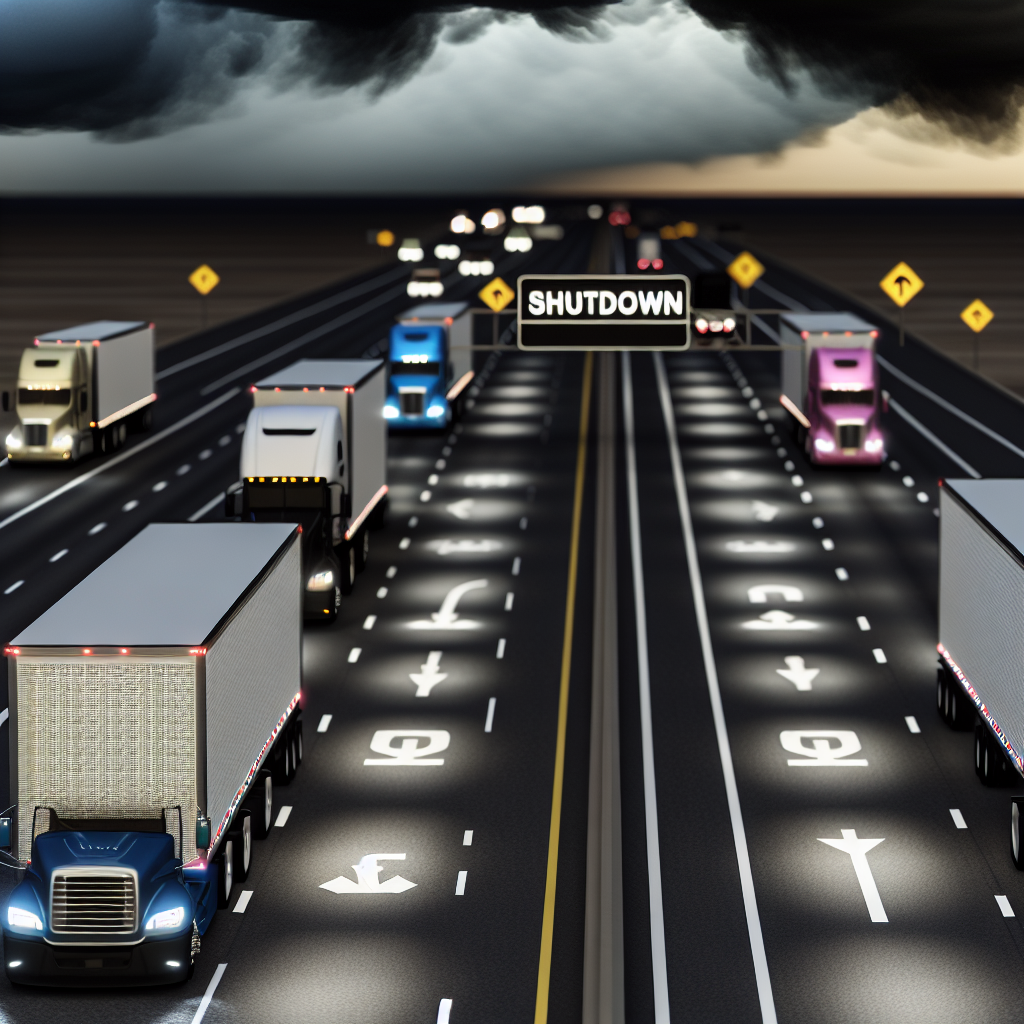 An image of trucks traveling on a highway, symbolizing trucking oversight during a government shutdown. The scene depicts a clear road with trucks in motion, reflecting continuity amid disruption.