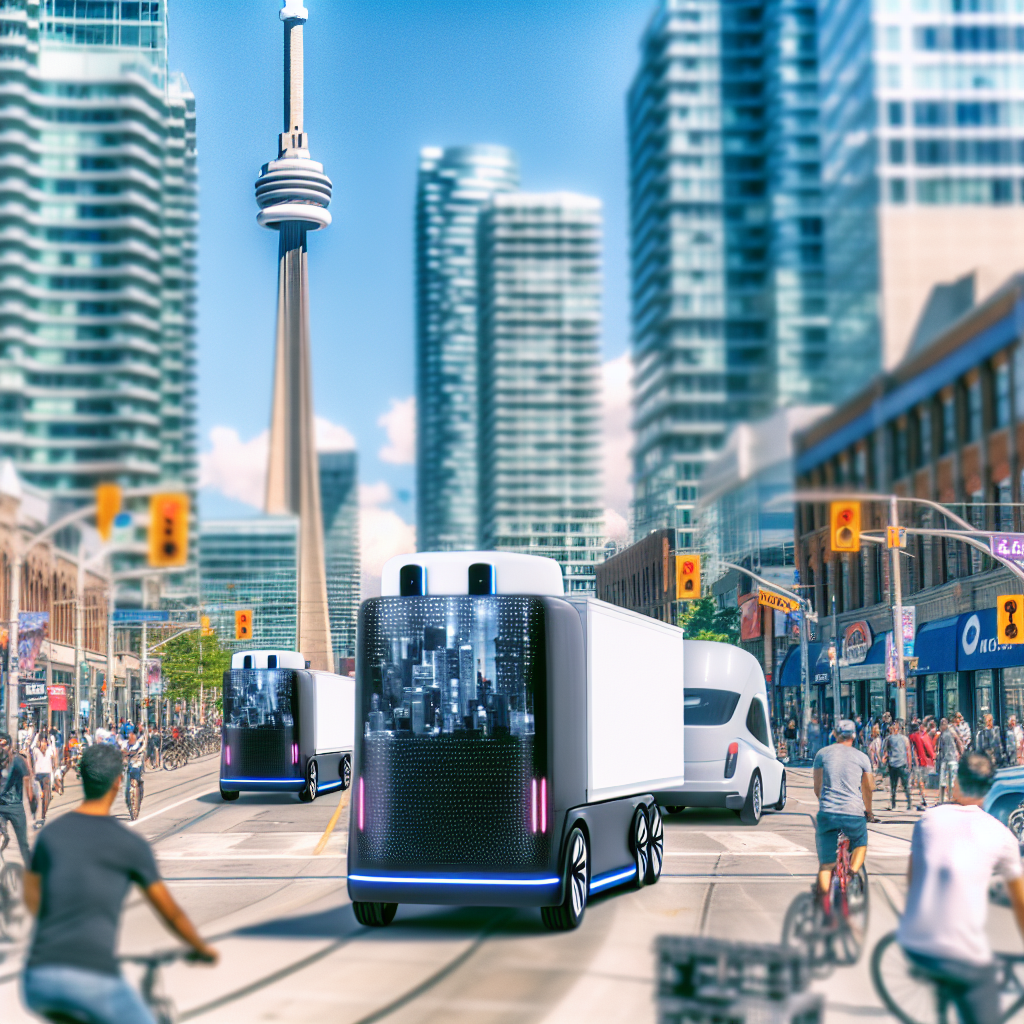 Autonomous trucks navigating the urban landscape of Toronto, showcasing their integration into city life with skyscrapers and busy streets in the background.