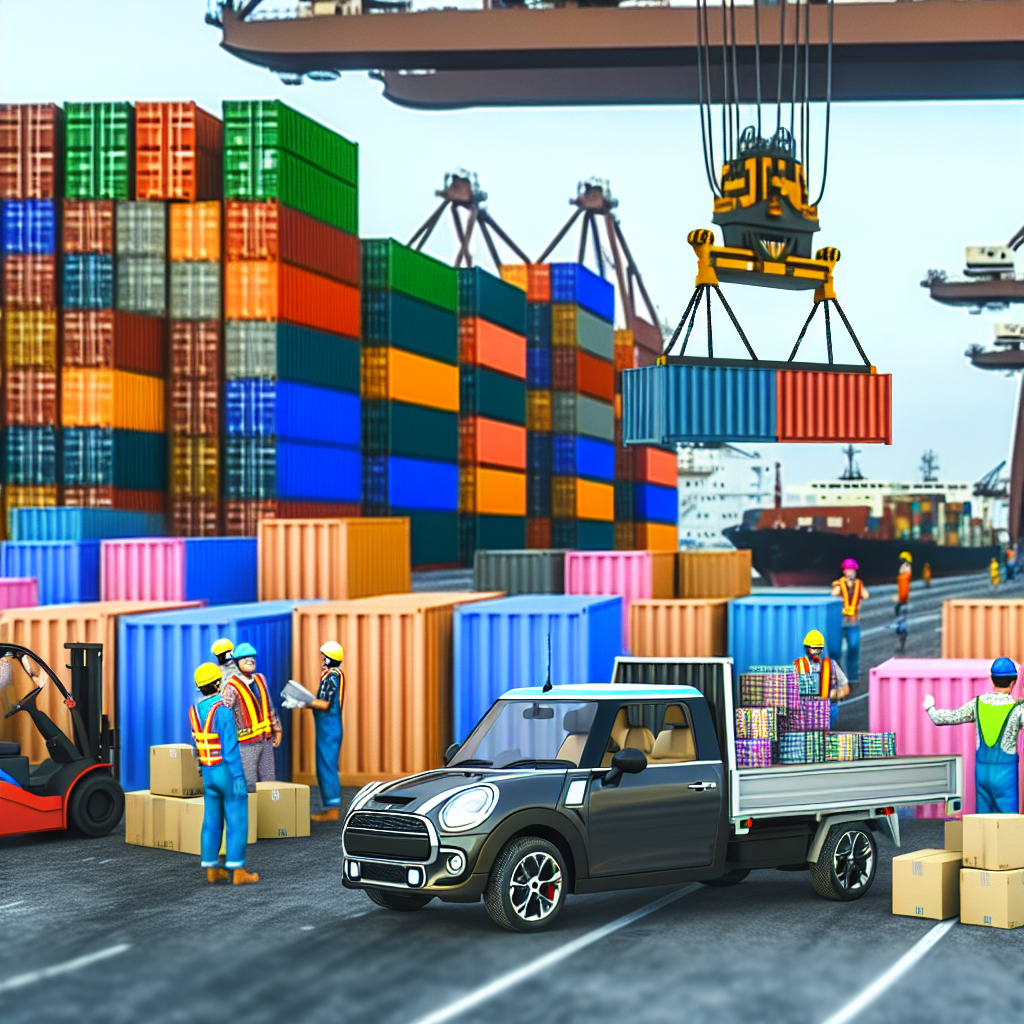 A mini truck hauling cargo at a busy port