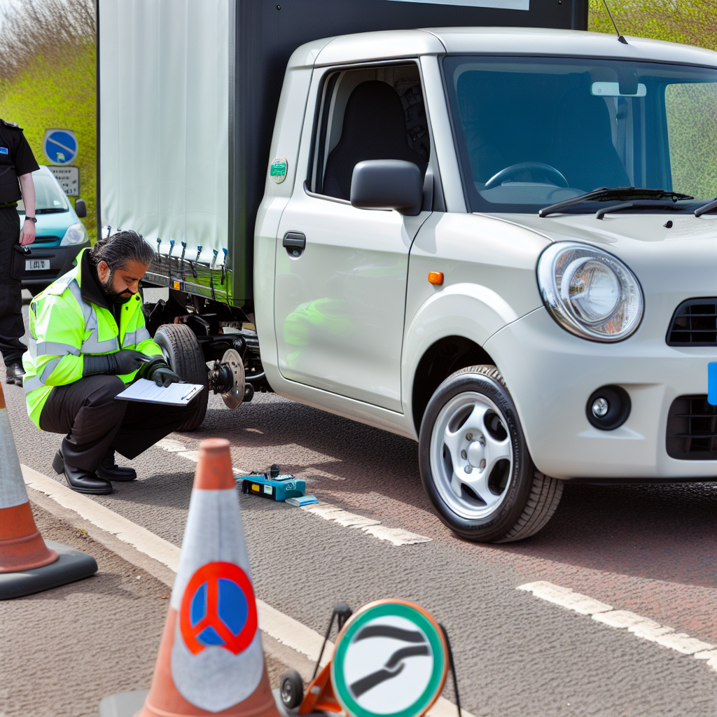 A roadside inspection of a mini truck, showcasing an enforcement officer checking the vehicle's brakes and wheels, with safety cones and signage in a roadside setting.