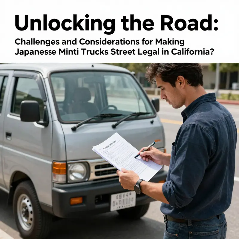 A Japanese mini truck parked on a California highway, showcasing the emissions compliance sticker.