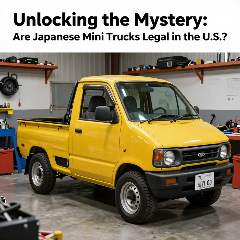 A colorful garage filled with tools and parts, displaying a Japanese mini truck getting customized by an enthusiastic owner.