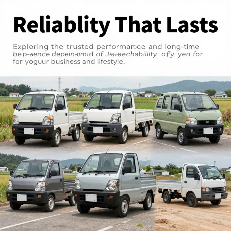 An engaging cover image displaying a range of Japanese mini trucks in urban, rural, and rugged landscapes, symbolizing their diverse utility.