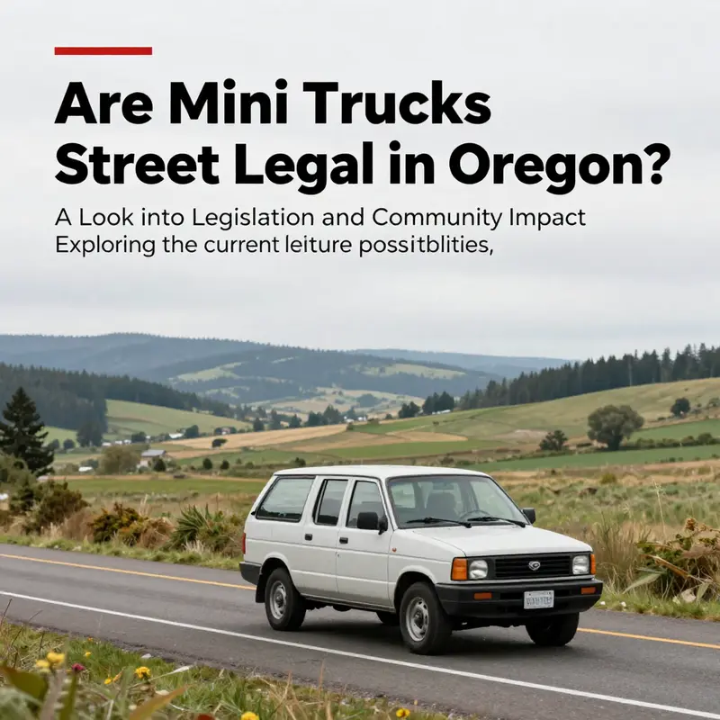 A mini truck driving through Oregon's lush landscape, representing hope for legalization and acceptance of these vehicles.