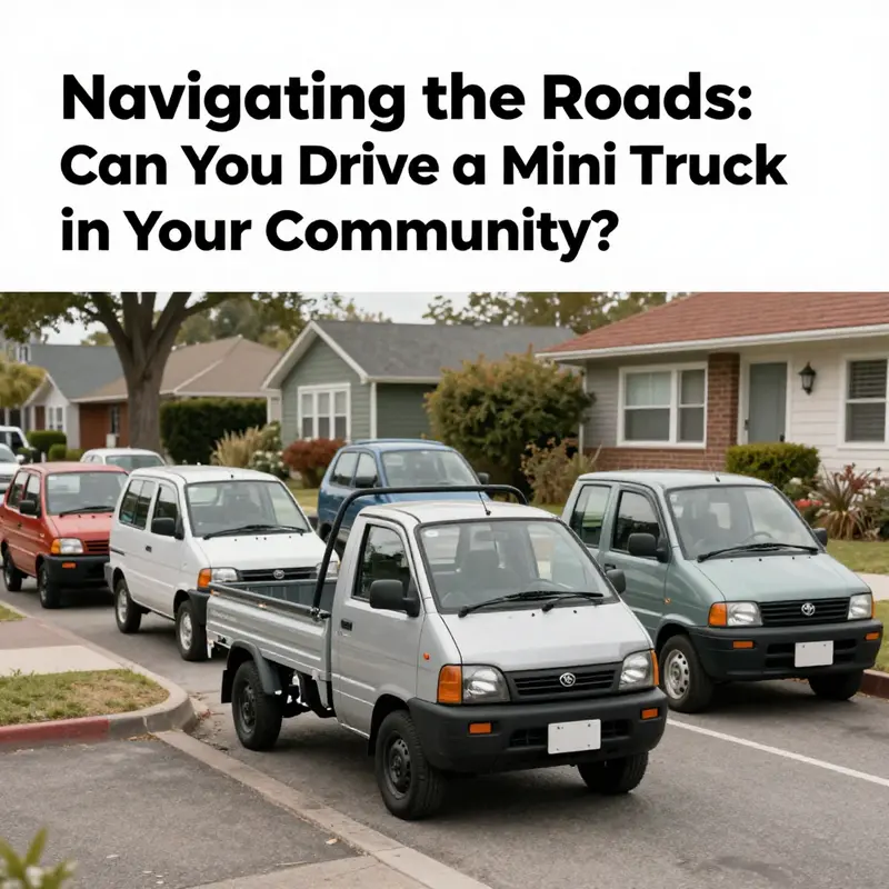 A vibrant neighborhood scene with mini trucks parked attractively, highlighting their appeal.
