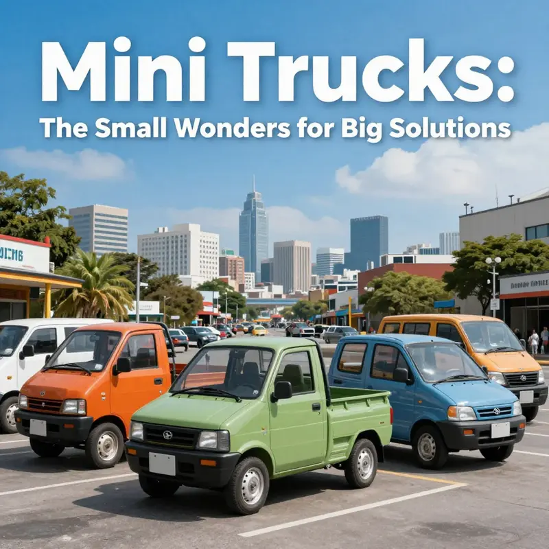 A colorful collage of different mini trucks in an urban environment, showcasing their versatility.