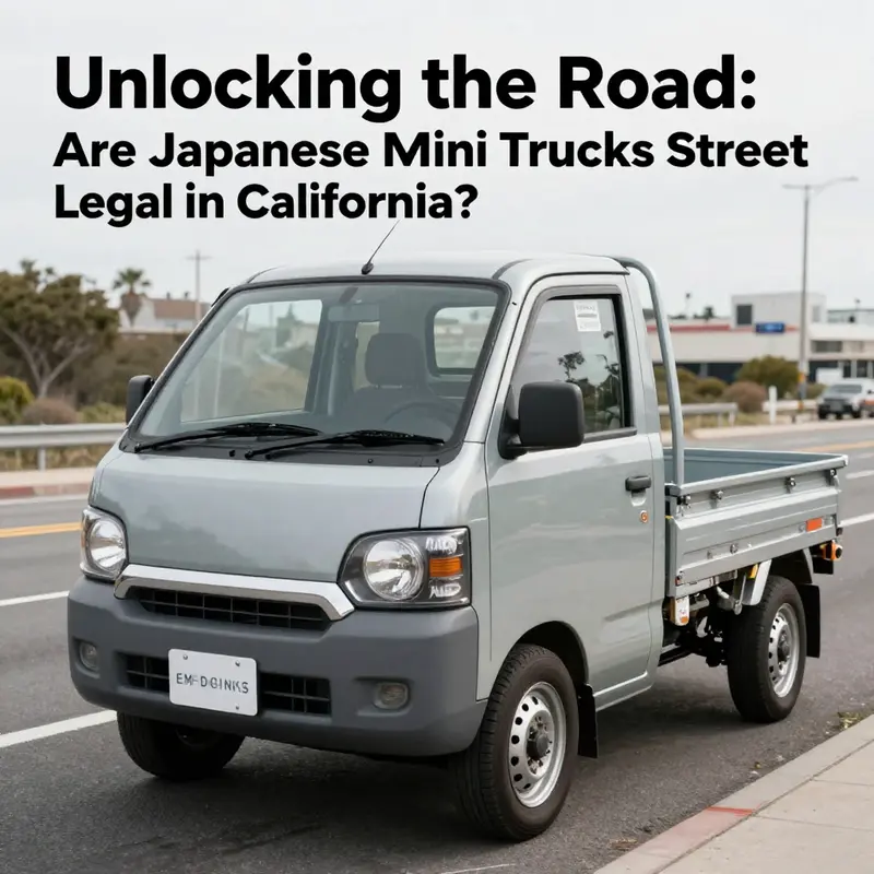 A Japanese mini truck parked on a California highway, showcasing the emissions compliance sticker.