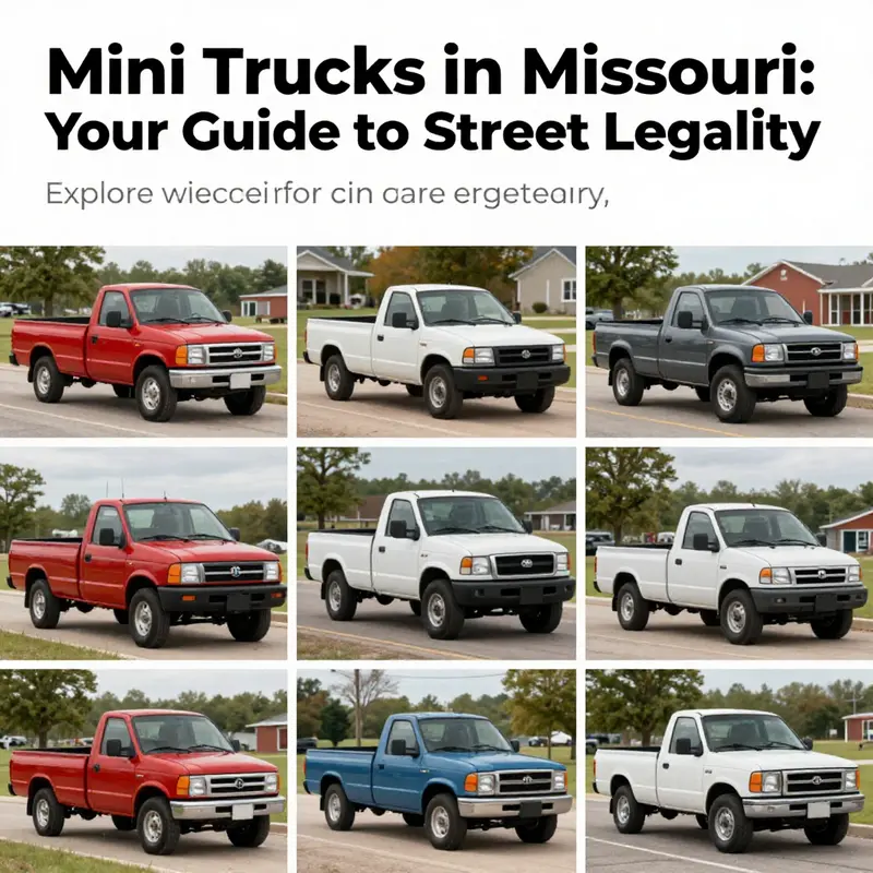 A colorful collection of mini trucks depicted in various environments representing their use and appeal in Missouri.