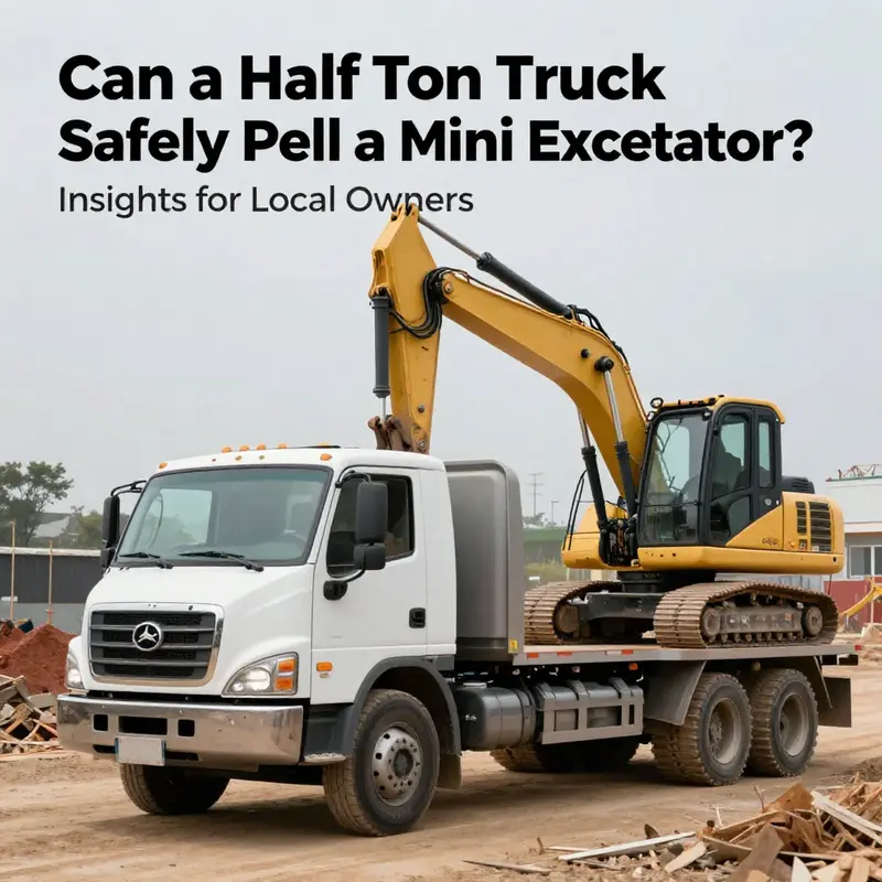 A half-ton truck parked at a construction site next to a mini excavator, representing the challenges of towing.