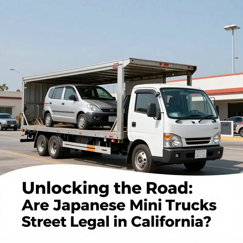 A Japanese mini truck parked on a California highway, showcasing the emissions compliance sticker.