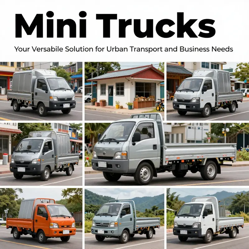 A colorful collage featuring mini trucks in urban, commercial, and rural settings.
