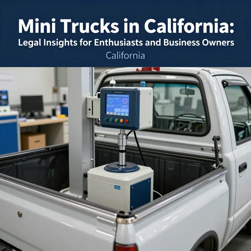 A mini truck in a California setting, symbolizing the legal aspects of owning and operating such vehicles.