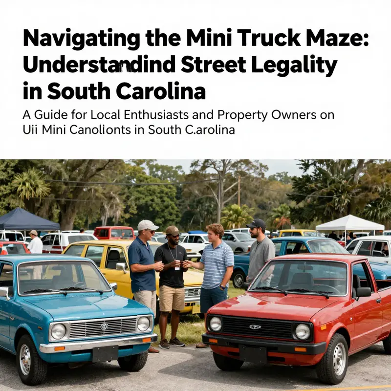 A diverse group of mini truck owners enjoying a meet-up in South Carolina, surrounded by various models of mini trucks.
