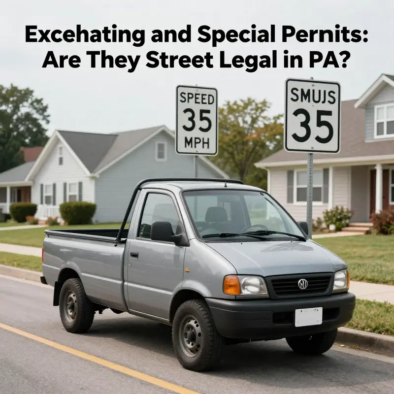 A mini truck beside a no motor vehicles sign highlighting regulations in Pennsylvania.