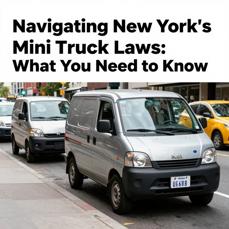 A bustling New York street scene with mini trucks parked, emphasizing their street legal status.