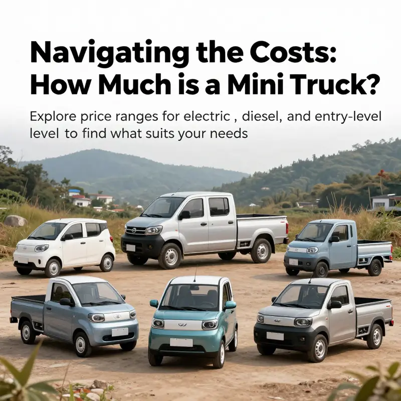 An assortment of mini trucks in a scenic outdoor setting, representing both electric and diesel options available on the market.