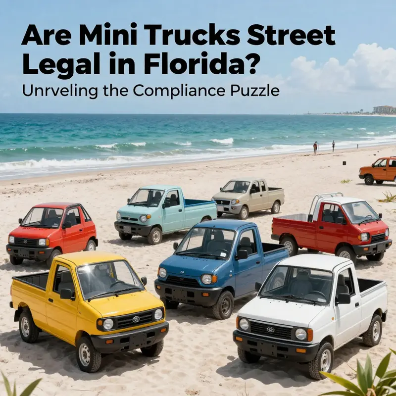 A scenic view of multiple mini trucks on a Florida beach setting, symbolizing community and lifestyle.