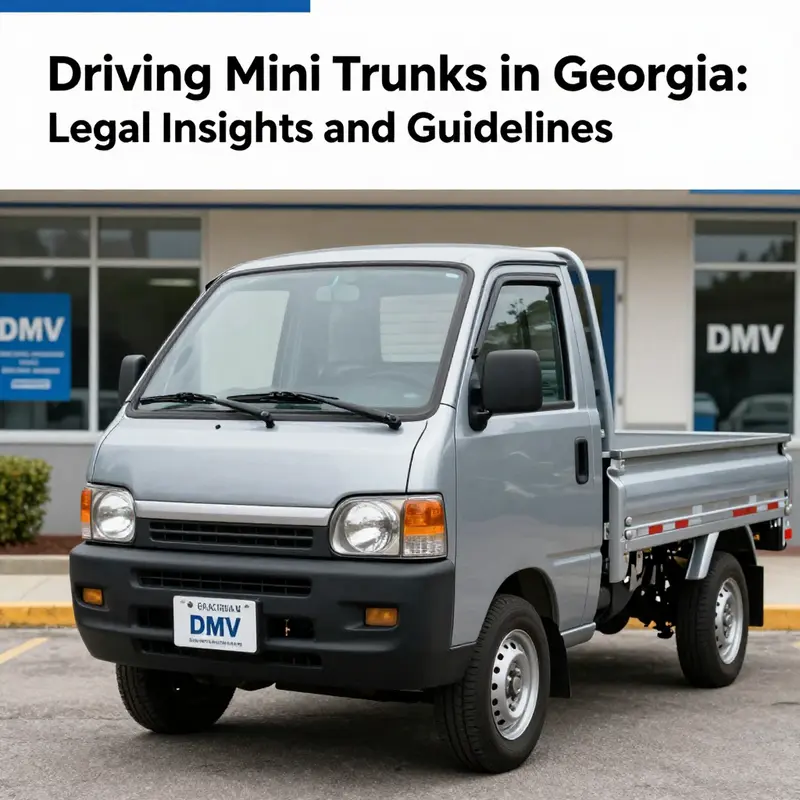 Mini trucks parked outside a Georgia DMV where registration takes place.