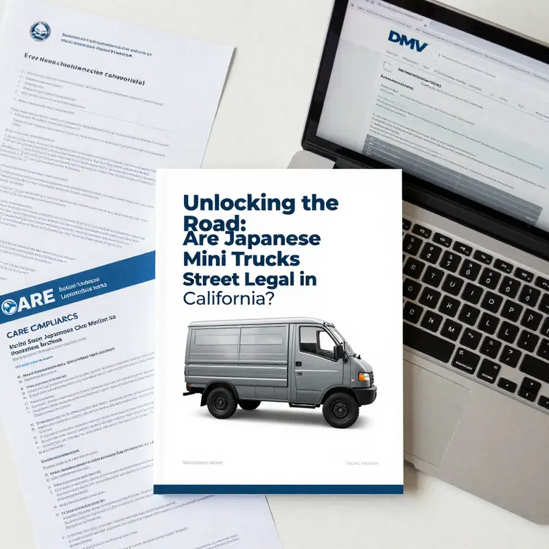 A Japanese mini truck parked on a California highway, showcasing the emissions compliance sticker.