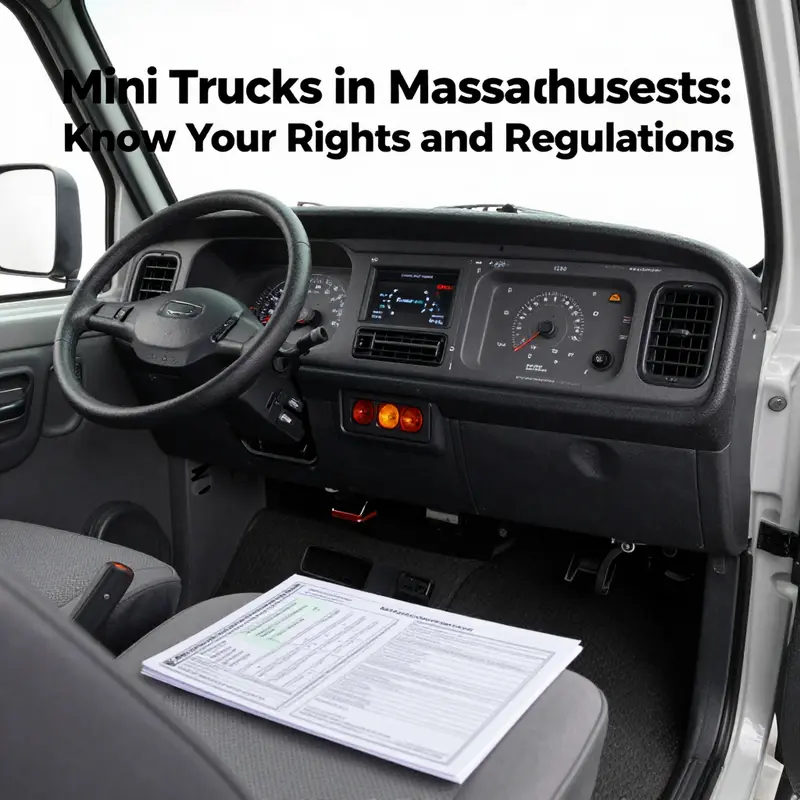 A mini truck legally parked on a Massachusetts road, illustrating its suitability for public use.