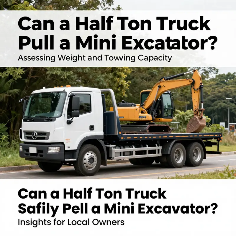Half-ton truck assessing loading and towing. Highlights the relationship between towing capacity and excavator weight.