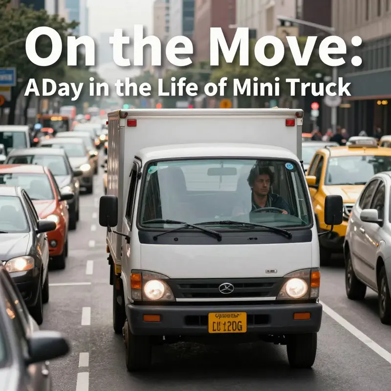 A mini truck starts its day, navigating urban streets and preparing for deliveries.