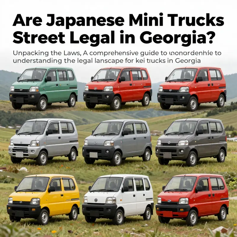 Collage of different kei trucks set against a picturesque Georgian landscape, highlighting their charm and uniqueness.