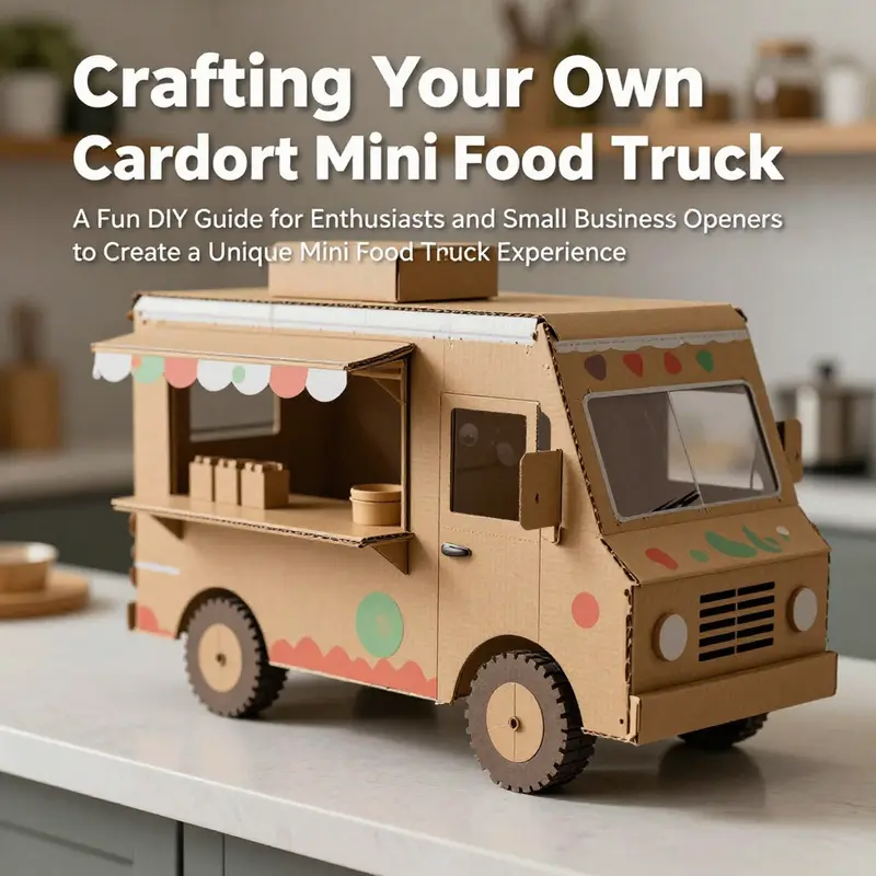 A completed mini food truck made of cardboard, beautifully decorated and displayed on a countertop.