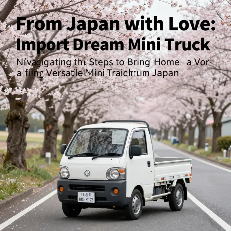 A scenic view of a mini truck on a road through cherry blossoms, symbolizing the journey of importation.