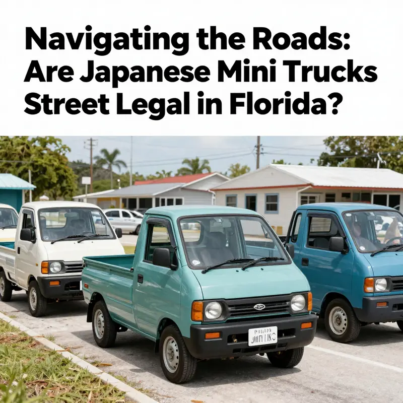 A vibrant scene showing multiple Japanese mini trucks being utilized by small businesses and in everyday use in Florida.