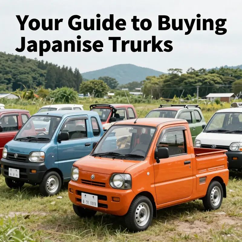 Japanese mini trucks displayed in an attractive outdoor locale to illustrate their appeal.