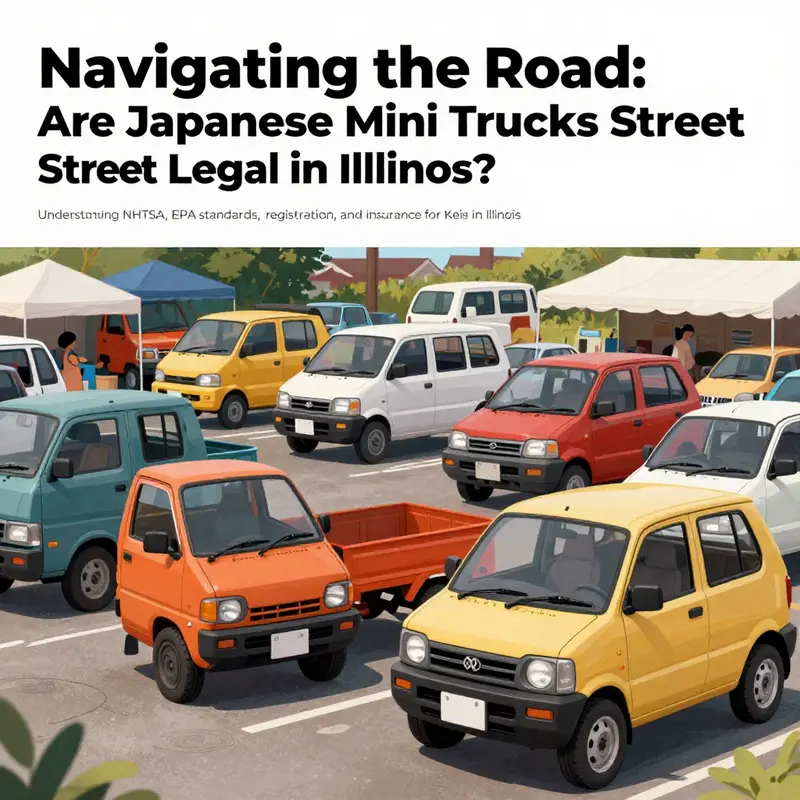 Various Japanese mini trucks parked at a community event, showcasing the culture surrounding mini truck enthusiasts in Illinois.