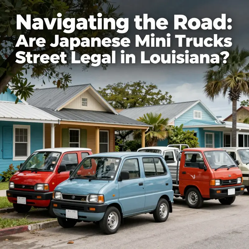 Various Japanese mini trucks displayed in a scenic Louisiana landscape, capturing the essence of local culture and vehicle appeal.