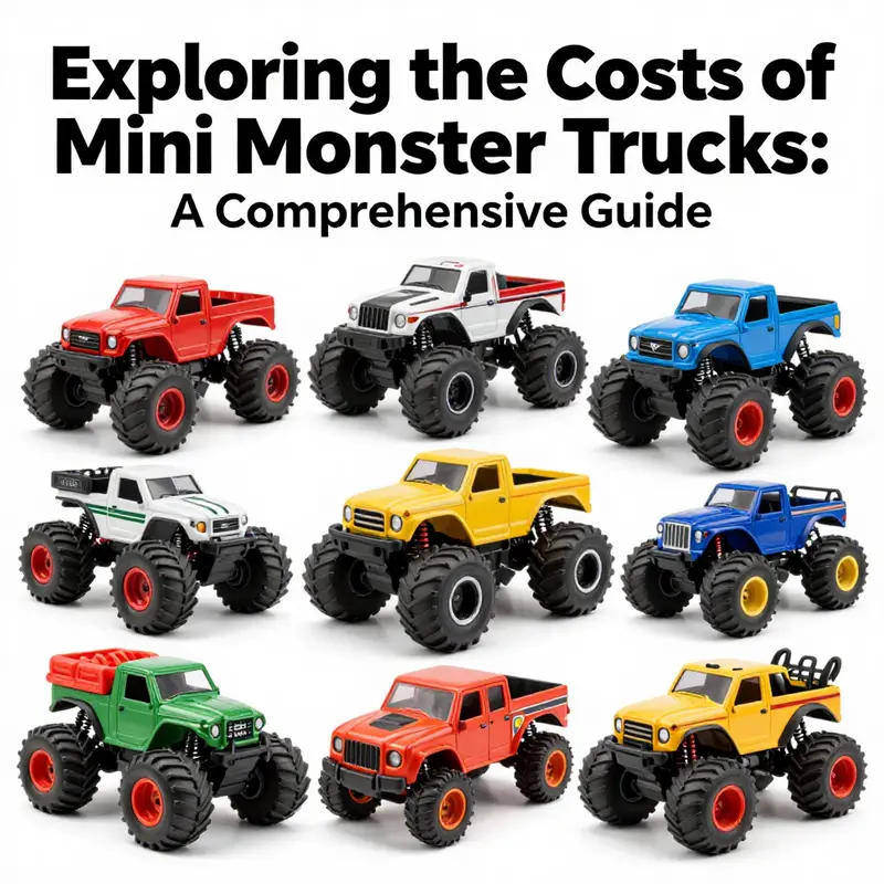 A colorful visual representation of different categories of mini monster trucks from toys to industrial models.