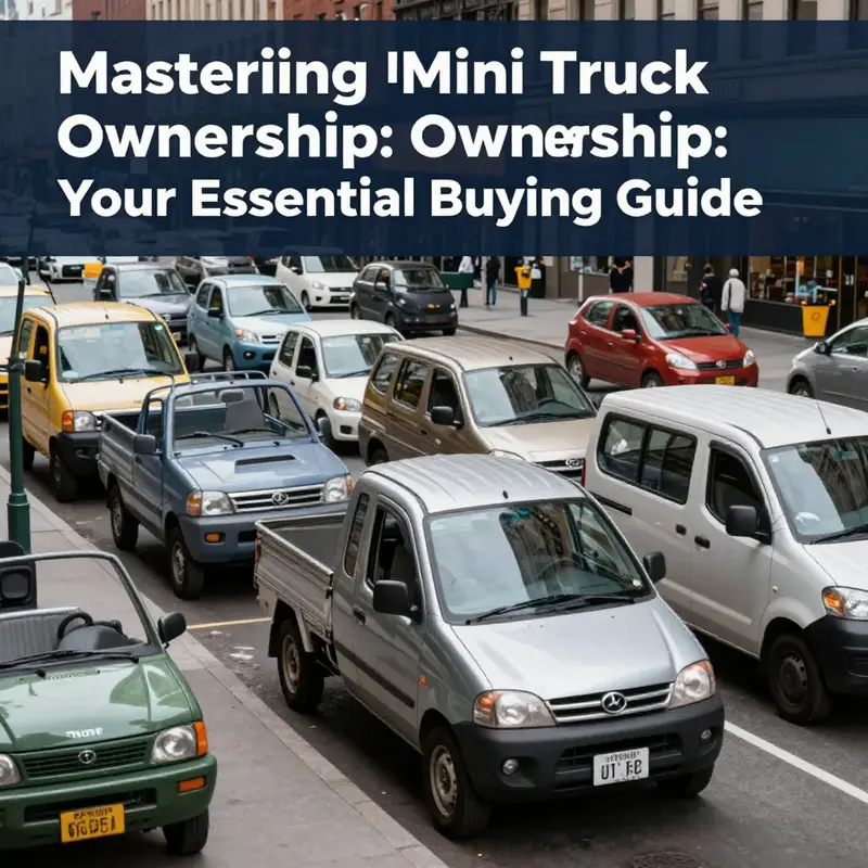 A mixed scene of different mini trucks parked in a busy urban environment, emphasizing their utility.