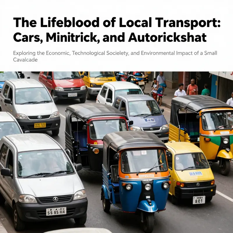 A vibrant gathering of cars, mini trucks, and autorickshaws in a city setting, symbolizing local transport networks.