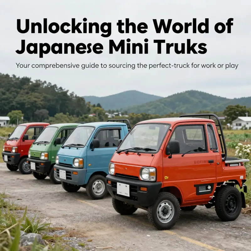 A collection of Japanese mini trucks displayed in an outdoor setting, highlighting their unique designs.