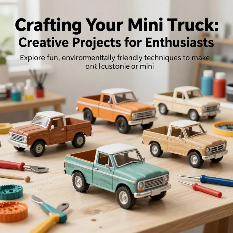 A creative workspace showcasing various mini trucks made from different materials, reflecting the theme of DIY truck building.
