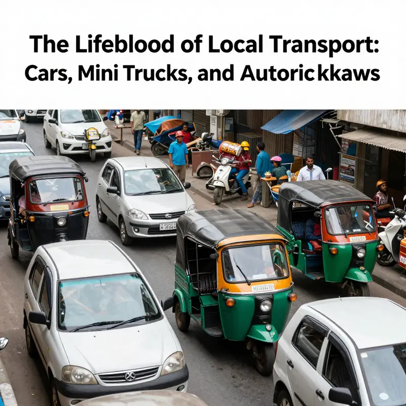 A vibrant urban scene showcasing the essential role of diverse transport vehicles in local economies.