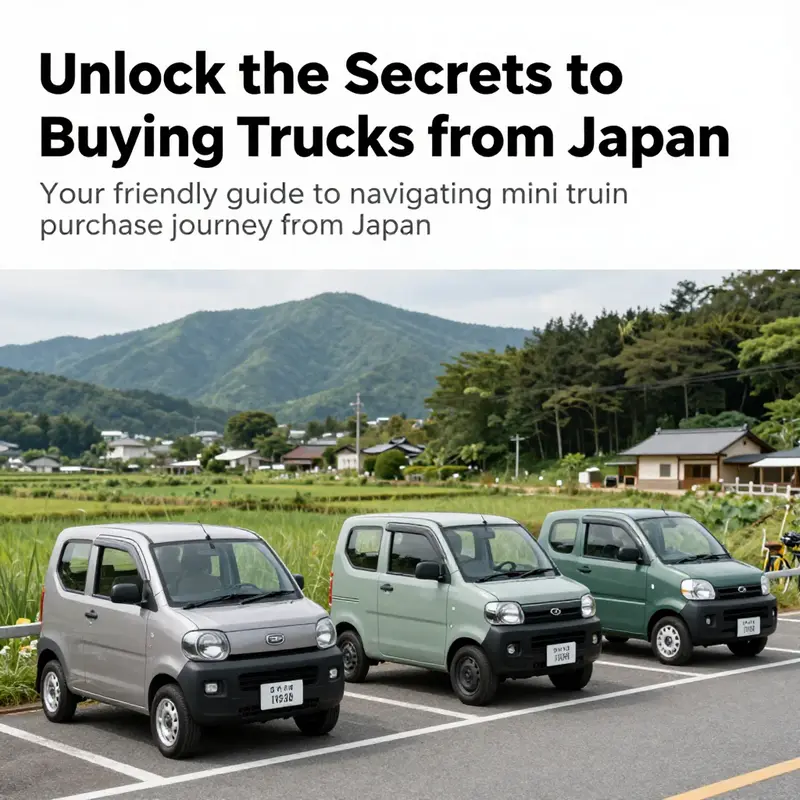 A group of mini trucks positioned in a picturesque Japanese setting, highlighting their attractiveness and practical design.