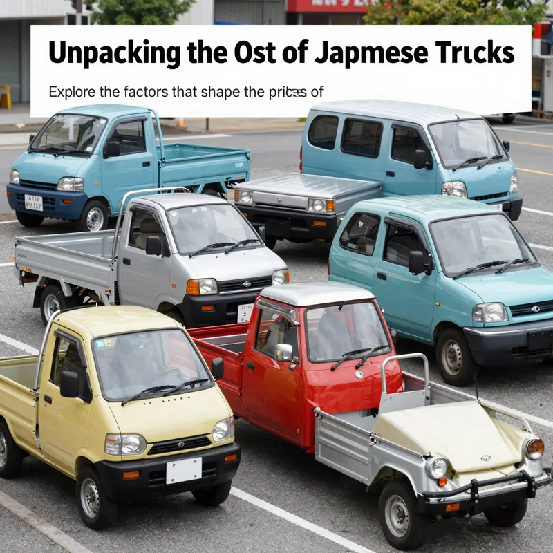 A collection of Japanese mini trucks in a vibrant urban setting, highlighting their features and versatility.