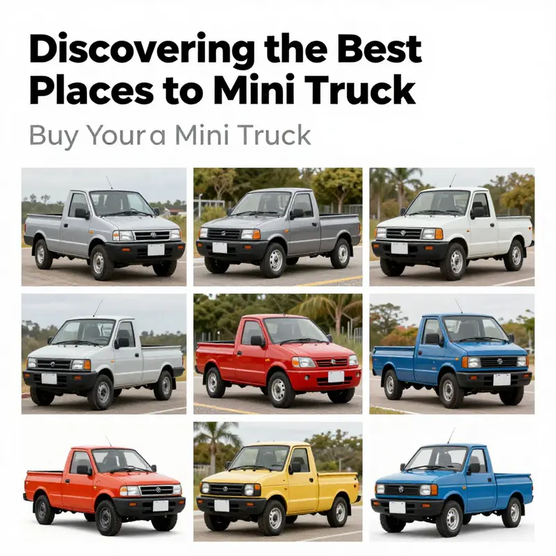 A colorful montage of various mini trucks demonstrating their versatility in business and leisure settings, appealing to diverse buyers.