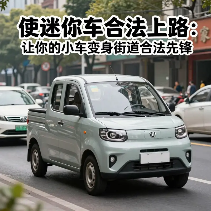 一辆合法的迷你卡车在繁忙的街道上行驶，展示其合规性和日常实用性。