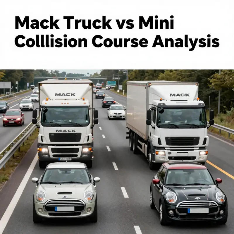 A busy highway filled with different vehicles, with a Mack truck and a Mini Cooper depicted prominently.