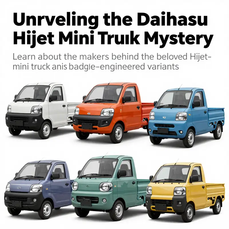 A collage of different models of the Daihatsu Hijet mini truck in a variety of colors.