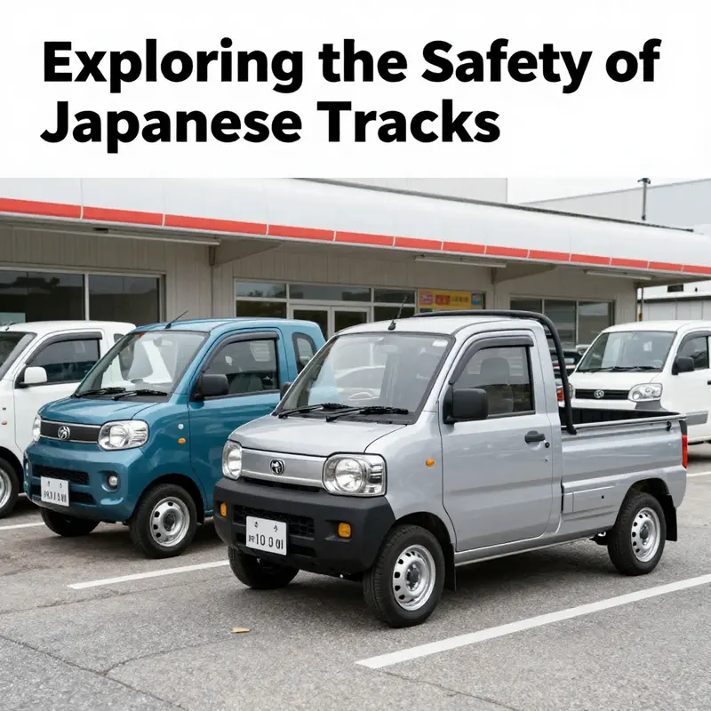 An array of Japanese mini trucks in front of local businesses, showcasing their role in community safety and utility.