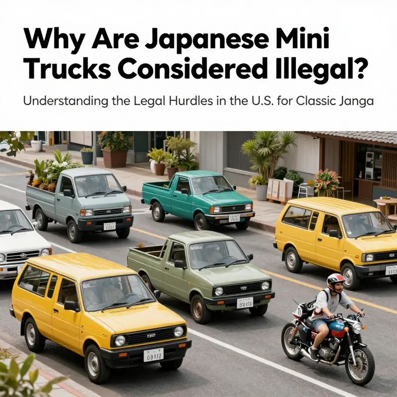 A lively display of classic Japanese mini trucks utilized in various productive and recreational activities.