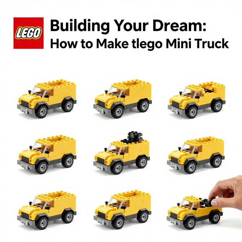 Step-by-step guide visually illustrating the process of making a LEGO mini truck.