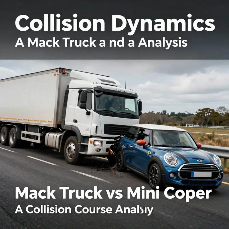 An illustrative representation of the collision dynamics between a large Mack truck and a small Mini Cooper.